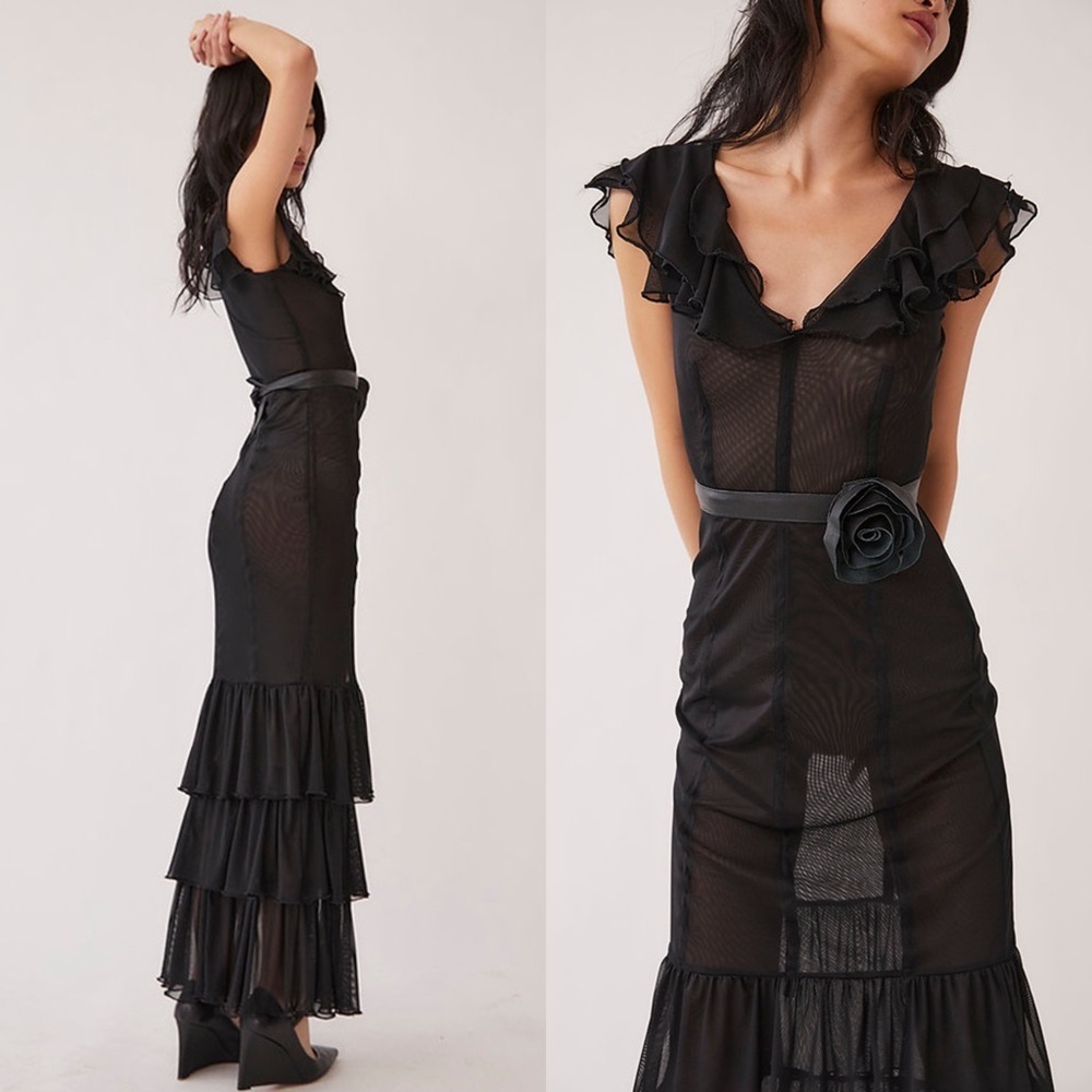 NWT TACH Handmade Sheer‎ Tulle V-Neck Short Sleeve Tiered Ruffle Hem Maxi Gown S - Picture 4 of 12